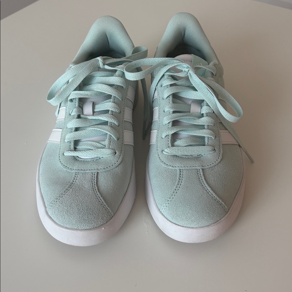 Worn once!! adidas Women's Light Mint Suede Sneakers with White Stripes - Picture 3 of 4